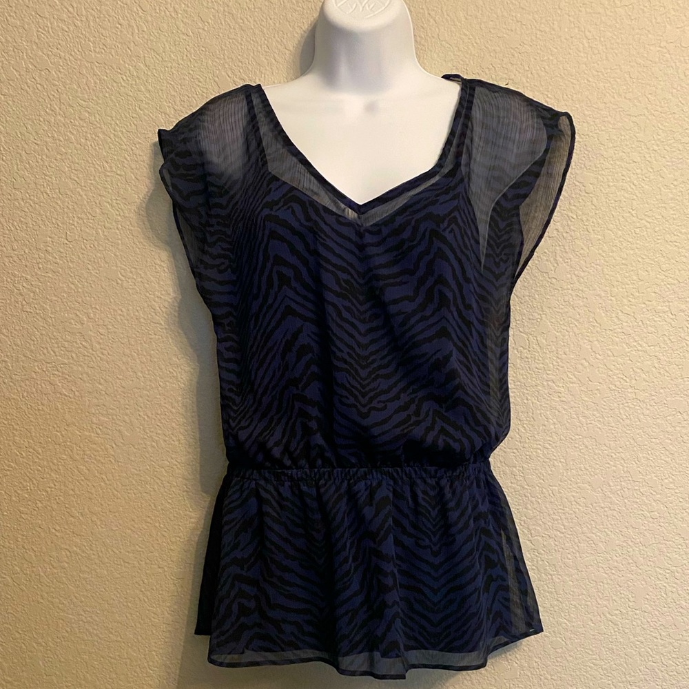 Express blue/black zebra print flowy overlay top S